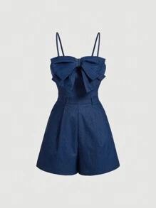 SHEIN MOD Denim Effect Bowknot Decor Printed Spaghetti Strap Jumpsuit - Dark Wash - View 1