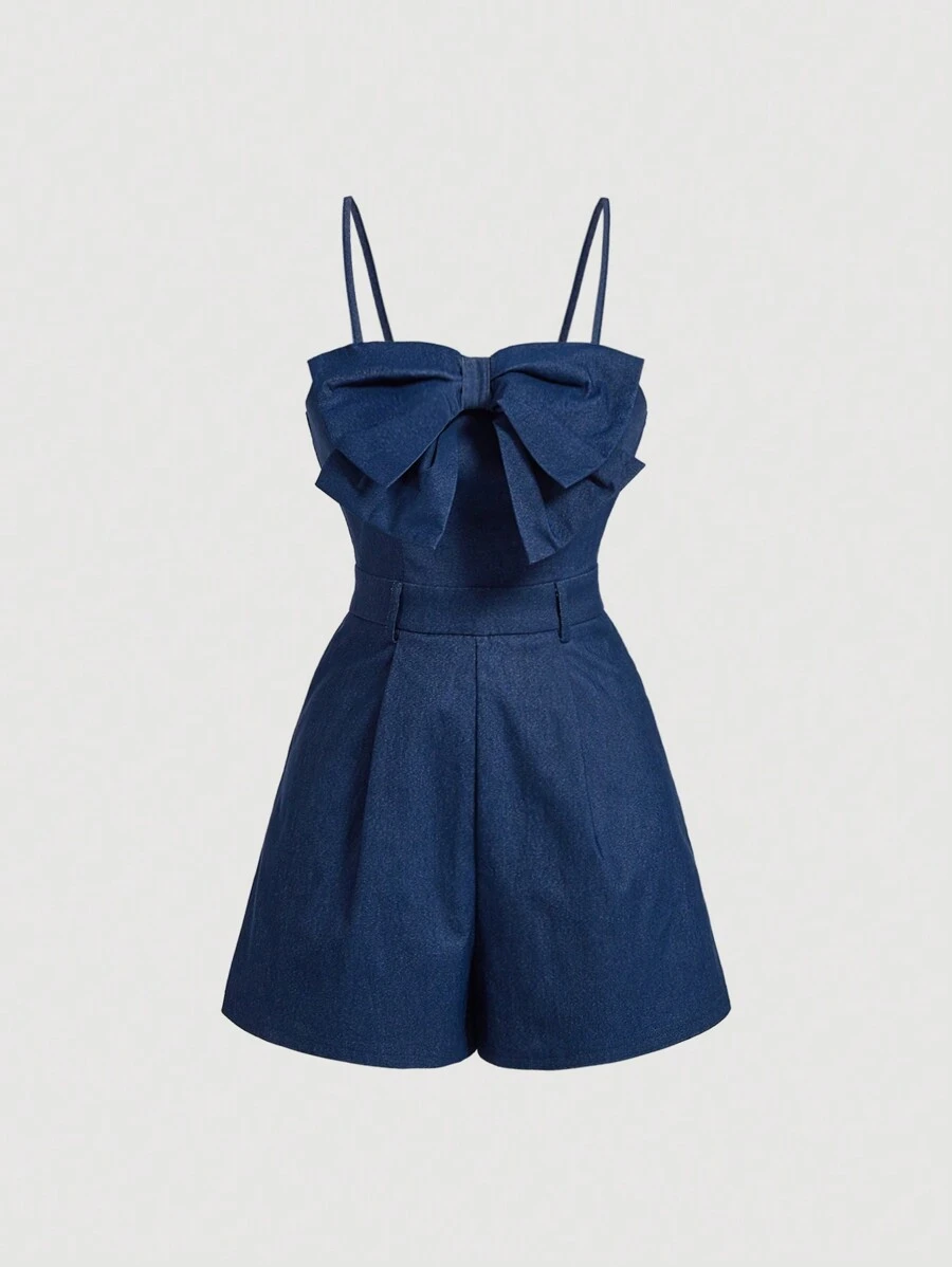 SHEIN MOD Denim Effect Bowknot Decor Printed Spaghetti Strap Jumpsuit - Dark Wash - View 1