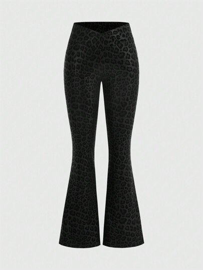 Grunge Punk Damen Retro Leoparden Muster & enge Glocken Hose mit dunklen Linien, Gothic Stil