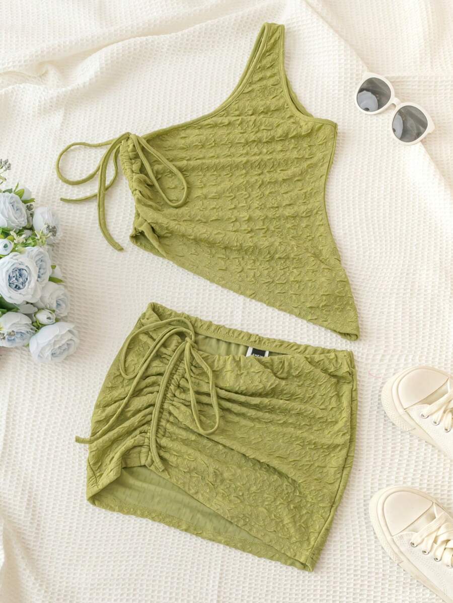 Soleia 女士休閒不對稱束腰褶皺綠色紋理假日兩件套裝 - 綠色 - 查看 1