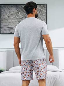 Men Casual Coffee Print Short Sleeve And Shorts Homewear Set