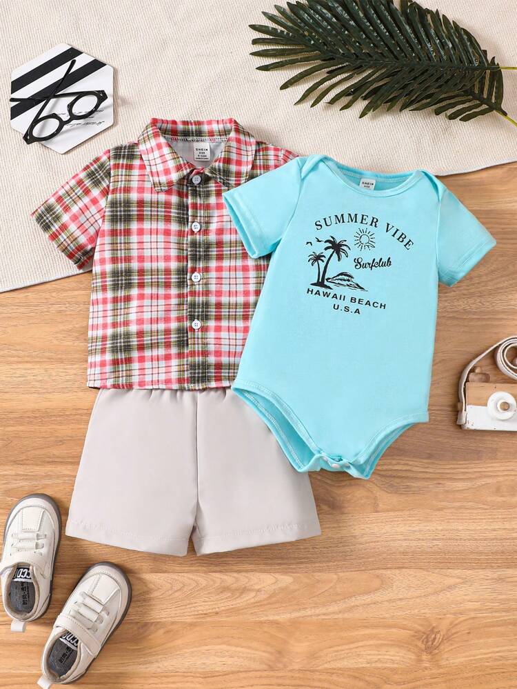 3pcs/Set Baby Boys' Summer Holiday Plaid Shirt Short Sleeve Bodysuit And Shorts Casual Outfits