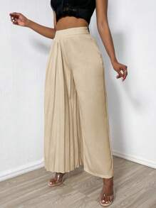 Zolique 女士時尚高腰實色寬腿百褶褲 - 卡其色 - 查看 7
