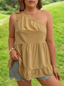 SHEIN Clasi Plus Size Summer Casual One-Shoulder Top With Ruffle Hem For Going Out Peplum One Shoulder Top - Mustard Yellow - View 3