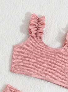 Baby Girl Special Knitted Ribbed Fabric Frilled Swimsuit With No-Lockstitch, 2pcs/Set - Dusty Pink - View 3