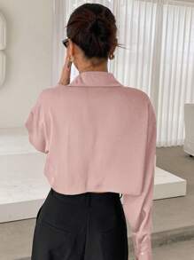 DAZY 春夏通勤純色翻領短款長袖襯衫 - 粉色 - 查看 2