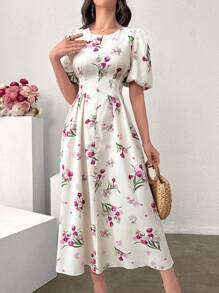 Modelyn Vestido largo de mujer con estampado floral, mangas de globo y cintura ceñida, vestido de noche informal y elegante para el verano