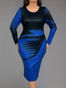 SHEIN LUNE 加大尺碼春季漸變長袖修身連衣裙,臀部包裝款式 - 藍色 - 查看 3