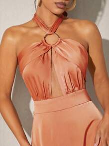 Hauture O 形环吊带镂空前系带露背连衣裙 - 棕色 - 查看 3