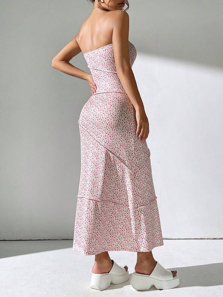Summer Casual Floral Print Fish-Tail Hem Strapless Dress Maxi Women Outfit