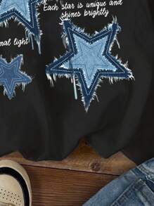 Attitoon Camiseta de manga corta de mujer de ajuste holgado con estampado de estrella azul, cuello redondo, de algodón mezclado de verano