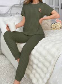 Women's Spring/Summer Short Sleeve Bear Embroidery Top And Long Pants Loungewear Set Outfit - Army Green - View 6