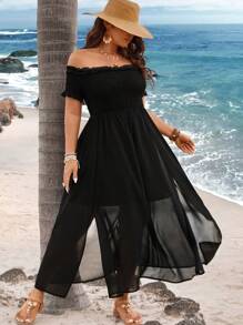 Sunnyshic Große Größen Off-Shoulder Maxikleid mit hohem Schlitz im Sommerbohostil mit offenem Rückenausschnitt für den Urlaub, Strandoutfits für Frauen