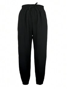 Pantalones casuales de mujer de unicolor con cintura con cordón y estrechos - Negro - Ver 3