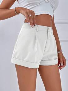 Chiquease Shorts sencillos y diarios para damas de un solo color con dobladillo enrollado - Blanco - Ver 5