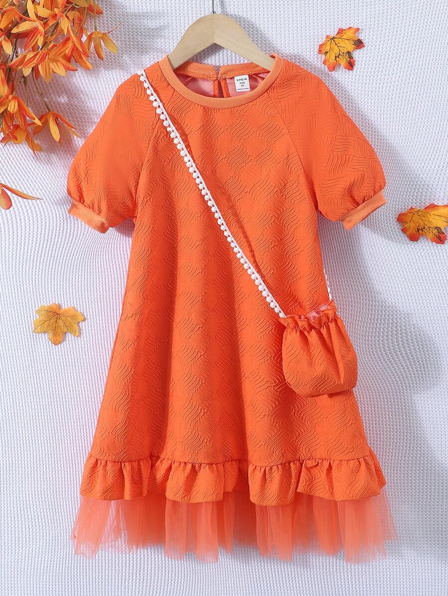 SHEIN Vestido informal de manga corta con contraste de malla para niñas preadolescentes, incluye bolso - Naranja - Ver 1