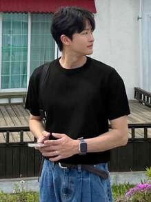 DAZY Men's Summer Solid Knit Crewneck Short Sleeve Top - Black - View 2