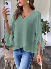 SHEIN Clasi Blusa Decorada Primaveral Casual V-cuello Con Bordes Plisados - verde menta - Ver 3
