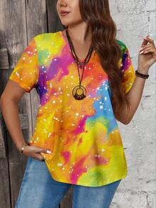 EMERY ROSE Plus Size Women's Summer Casual Tie Dye V-Neck Loose Short Sleeve T-Shirt - Yellow - View 5