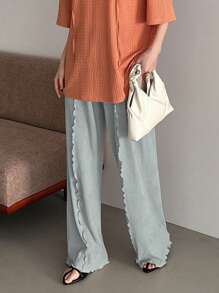 FRIFUL 女士时尚宽松舒适荷叶边阔腿裤 - 灰色 - 查看 3