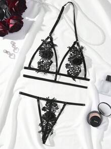 Set de lencería aplique con abertura halter - Negro - Ver 4