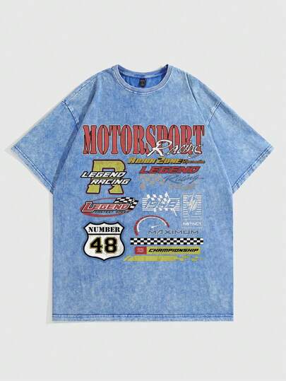 Street Life Men's Denim Effect Letter Print T-Shirt, School