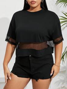 SHEIN Essnce 大码夏季网眼拼接镂空透气休闲圆领 T 短款上衣黑色运动休闲罩衫黑色 T 恤球衣黑色上衣女士上衣足球球衣，短款上衣 - 黑色 - 查看 6