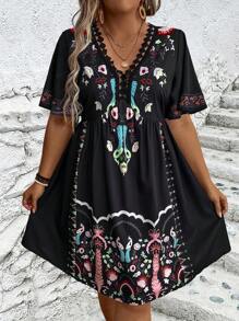 Breezaya Plus Size Vacation Style Floral Print Lace Trimmed Dress - Multicolor - View 5