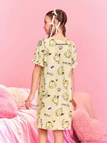 HELLO KITTY AND FRIENDS | SHEIN Tween Girl's Cute Square Neck Cartoon Printed Nightgown With Knot And Ruffle Trim