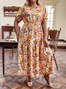 SHEIN LUNE Vestido largo de talla grande con cintura fruncida y estampado aleatorio para vacaciones de verano - Naranja - Ver 3