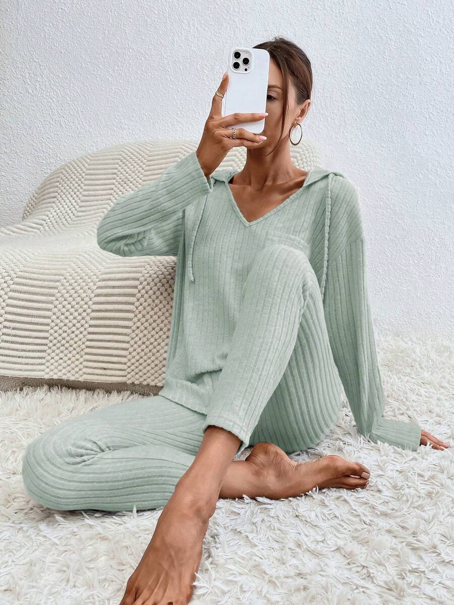SHEIN Cottnline Casual Spring Hooded Sweater And Skinny Pants Set - Mint Green - View 1