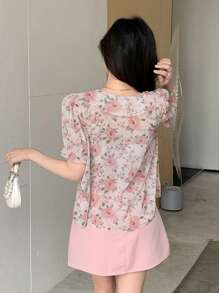 DAZY 女士优雅短袖衬衫，荷叶边蕾丝泡泡袖设计，花卉图案，夏季外出上衣，荷叶边度假装扮，复活节女士 - 彩色 - 查看 5
