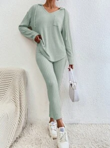 SHEIN Cottnline Casual Spring Hooded Sweater And Skinny Pants Set - Mint Green - View 4