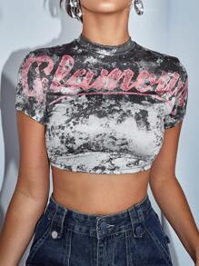 SHEIN BAE Speckled Distressed Tie-Dye Letter Print Sexy Backless Y2k Fitted Tee, Suitable For Summer Outing, Women T-Shirt