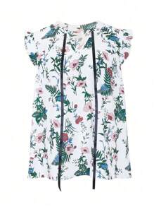 SHEIN LUNE Áo cánh cổ buộc bèo nhún in hoa Plus cho mùa hè - Nhiều màu - Xem 5