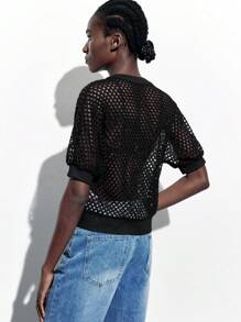 Maija 2026 Spring & Summer Outfits Women's Black Round Neck Hollow Out Fashionable Short Sleeve Crocheted Mesh Open Neck Sweater, For Holiday & Travel,All-Match   Clothing For All Seasons, Beach Outfit For Women,Vacation Outfits Women - Black - View 3