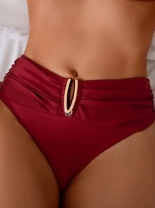 SHEIN Swim Women's Solid Color Beach Holiday Ruched Bikini Set Summer - Red - View 5