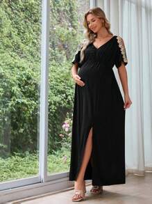 SHEIN Maternity Summer Lace Patchwork High Slit Dress