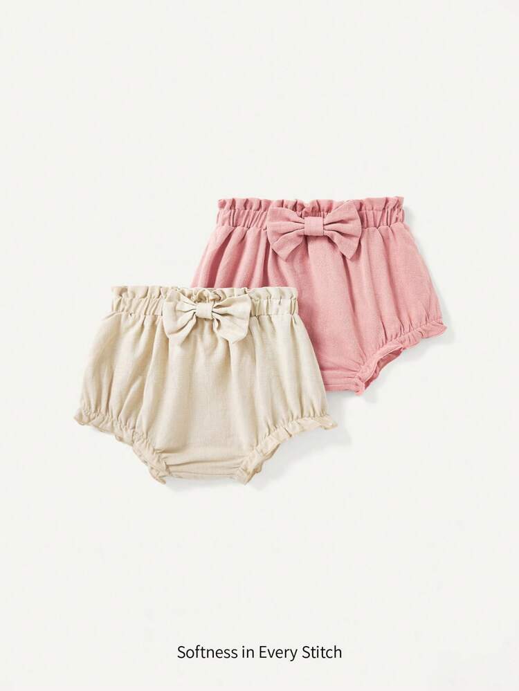 Baby Girls' Solid Color Bowknot & Bud Design Shorts Set