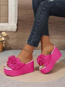 Women's Summer Floral Print Platform Wedge Sandals With Bright Colors,Travel Essential - Hot Pink - View 3