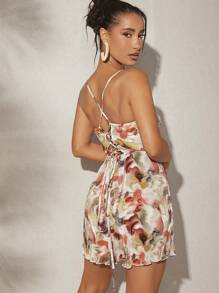 Hauture Floral Print Plisse Twist Cross Back Romper - Apricot - View 2