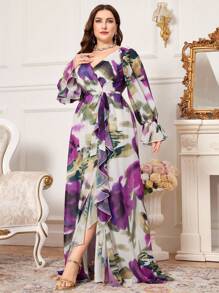 SUPGIR Váy voan in kỹ thuật số tay dài cổ chữ V in hoa văn cỡ lớn có dây buộc eo cho những dịp trang trọng, váy dạ hội dài tay thanh lịch cho khách dự tiệc cưới, tốt nghiệp, tiệc tối - Nhiều màu - Xem 5