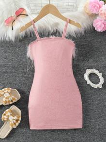 SHEIN Elladie kids Young Girl Summer Furry Patchwork Spaghetti Strap Dress Summer Holiday