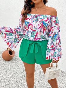 SHEIN Clasi Plus Size Leaf Print Off Shoulder Flared Sleeve Top And Shorts Set - Multicolor - View 3
