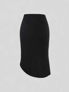 SHEIN Unity 女式純色打褶不對稱下擺裙 - 黑色 - 查看 2