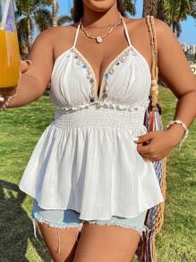 POPSWAY Große Größen Boho Top mit Muschelverzierung und gerafftem Halskrausenkragen, für den Sommer