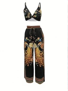 Breezaya 女士花卉印花背心上衣和寬腿褲兩件套裝