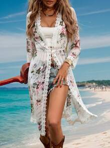 Breezaya Kimono Nữ Tương phản ren Chia Thắt nơ trước Hoa - trắng - Xem 6