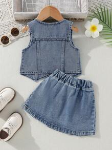 SHEIN Baby Girl Street Style Summer Denim Vest With Button-Front Closure And Skirt Set, Versatile - Light Wash - View 2
