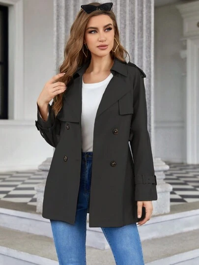 Cinemore W918#Black Double Breasted Belted Fashionable Windcoat